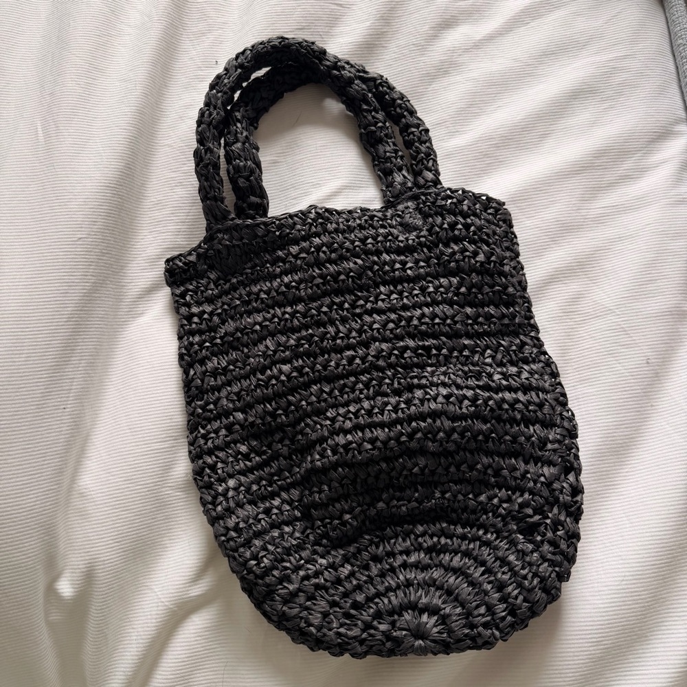 LOFT Black Raffia Straw Bucket Bag - Like New - Picture 2 of 6
